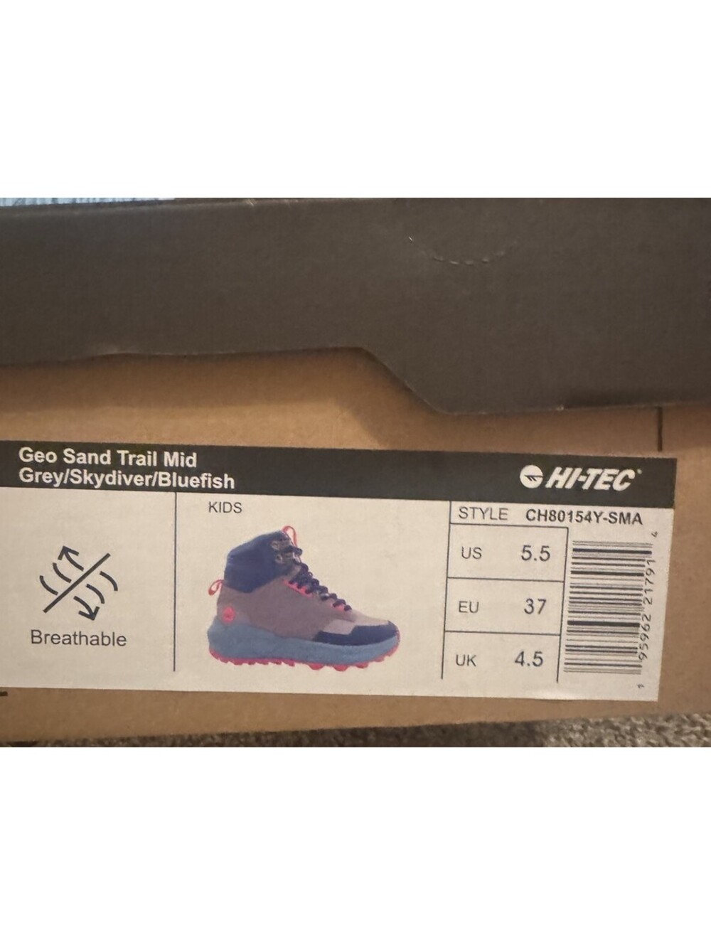 Hi-Tec Geo Sand Trail Mid Kids 5.5 Hiking Boots Grey Blue Coral NIB Gorpcore - Picture 7 of 8